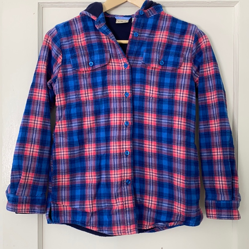 LL Bean hooded fleece-lined girls flannel shirt